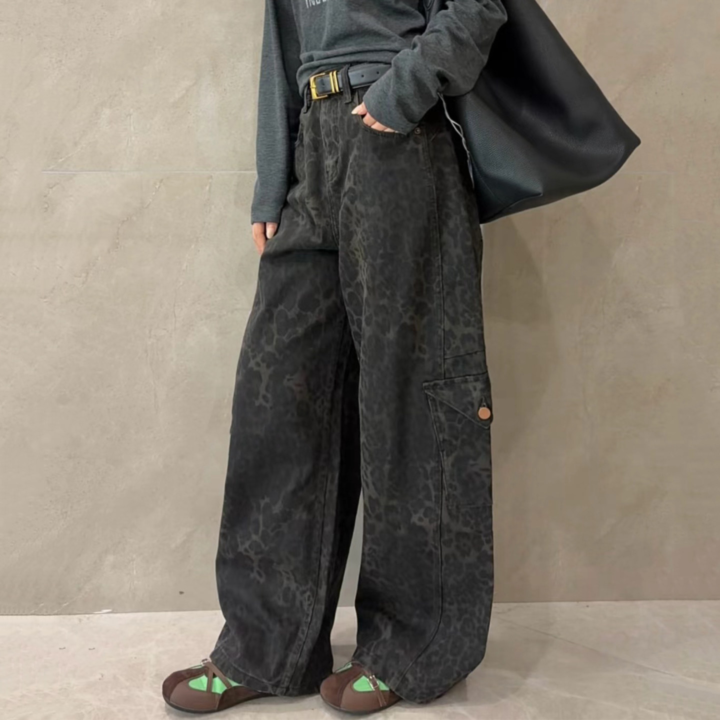 2026秋新款Jeans阿凡牛A5779豹纹显瘦女休闲直筒阔腿弯刀裤工装裤