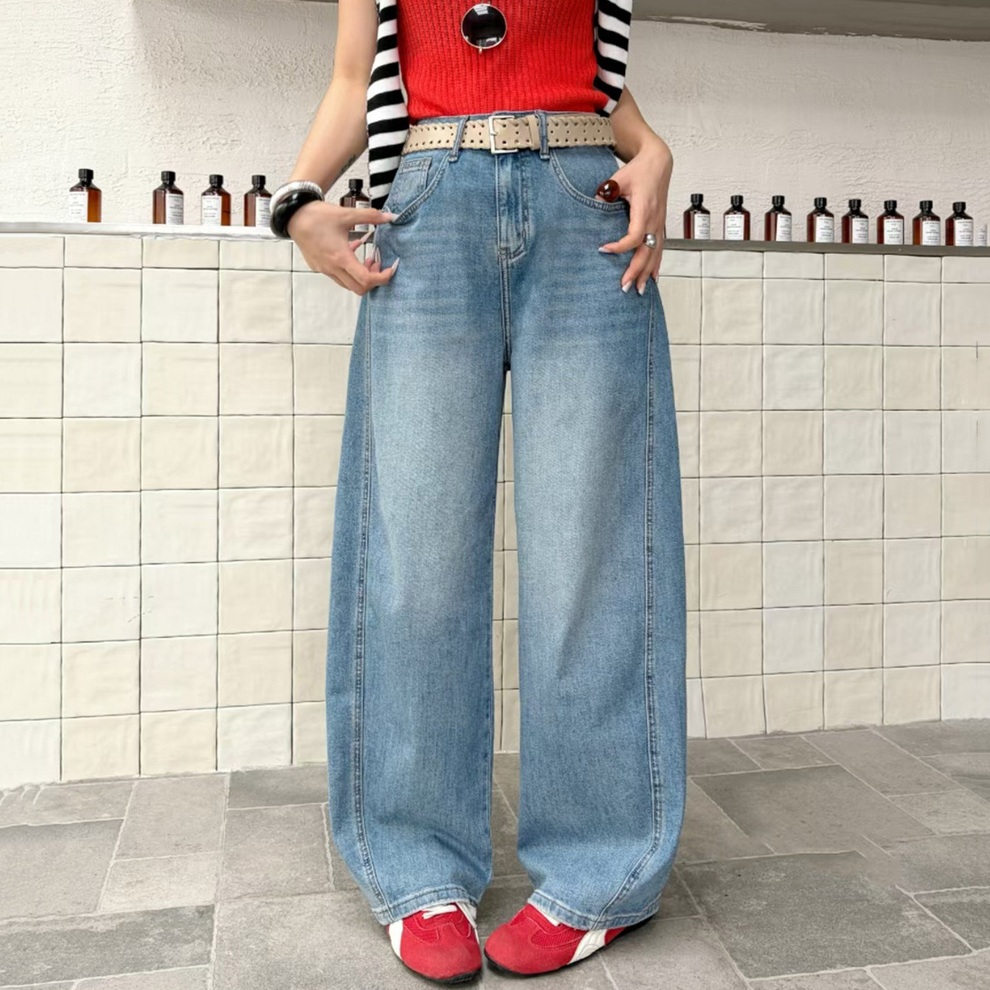 2026夏新款Jeans阿凡牛A5606宽松显瘦阔腿弯刀裤女牛仔筒裤香蕉裤