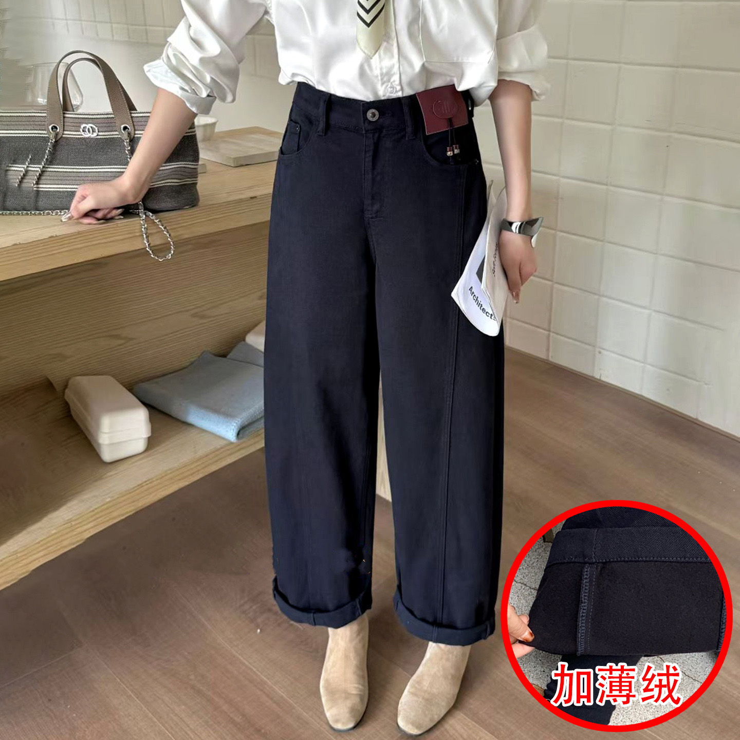 秋冬加薄绒女牛仔老爹跨裤弯刀裤