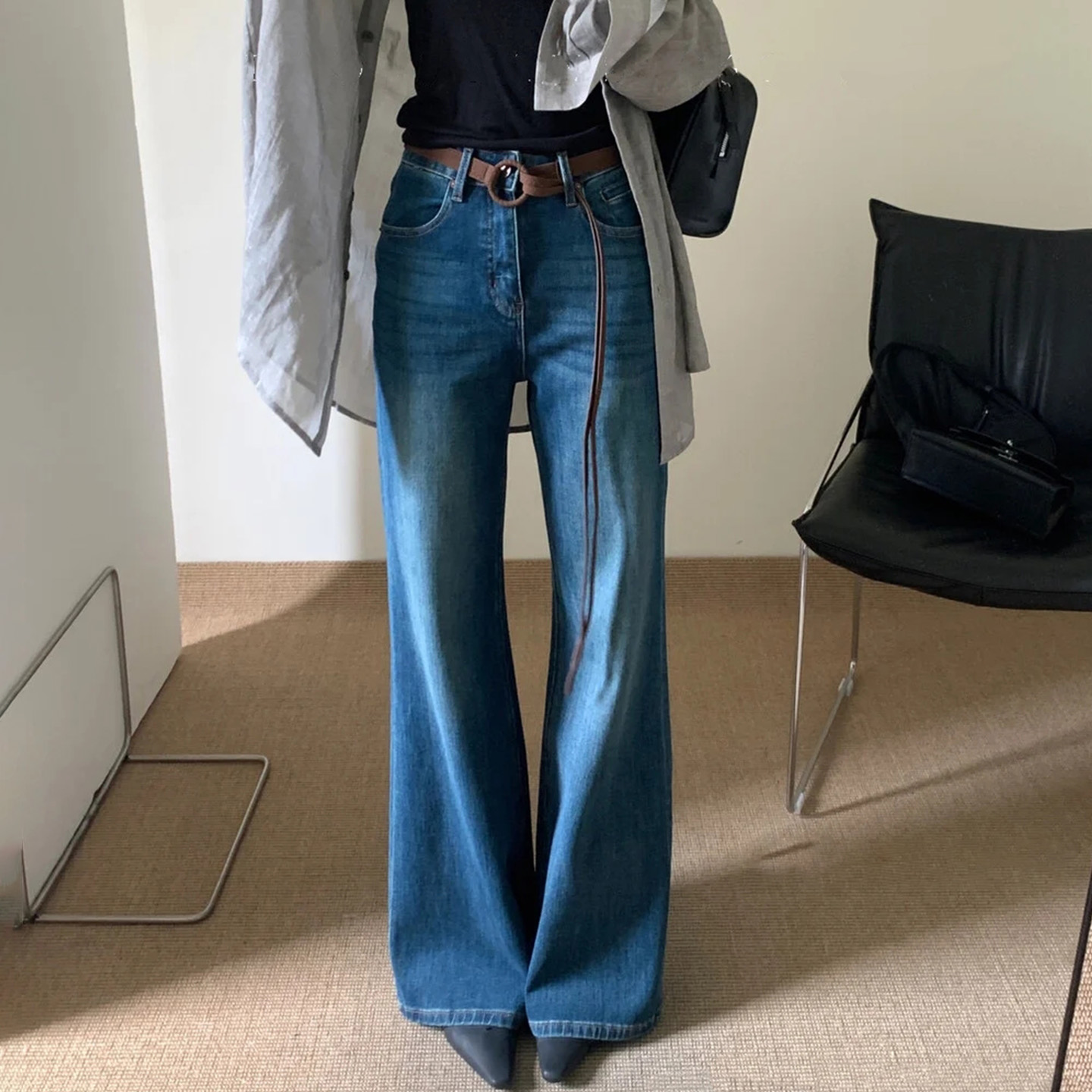 秋季四面弹修身显瘦牛仔微喇叭裤