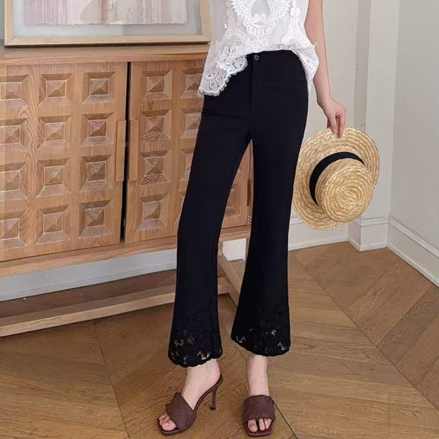 诺仙思美夏韩版黑色气质显瘦百搭蕾丝刺绣裤脚九分裤窄版微喇叭裤