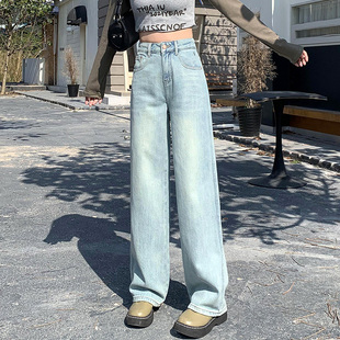 2026夏新款Jeans阿凡牛3234浅蓝V字显瘦窄版百搭女牛仔直筒阔腿裤