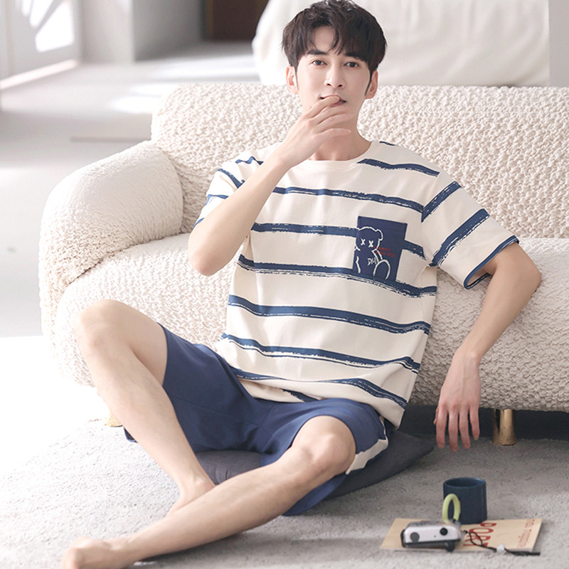 睡衣男夏季纯棉短袖短裤2024年新款男士条纹可外穿时尚家居服套装