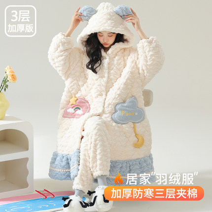 睡衣女款冬季三层夹棉加厚保暖甜美2024新款可外穿秋冬家居服套装