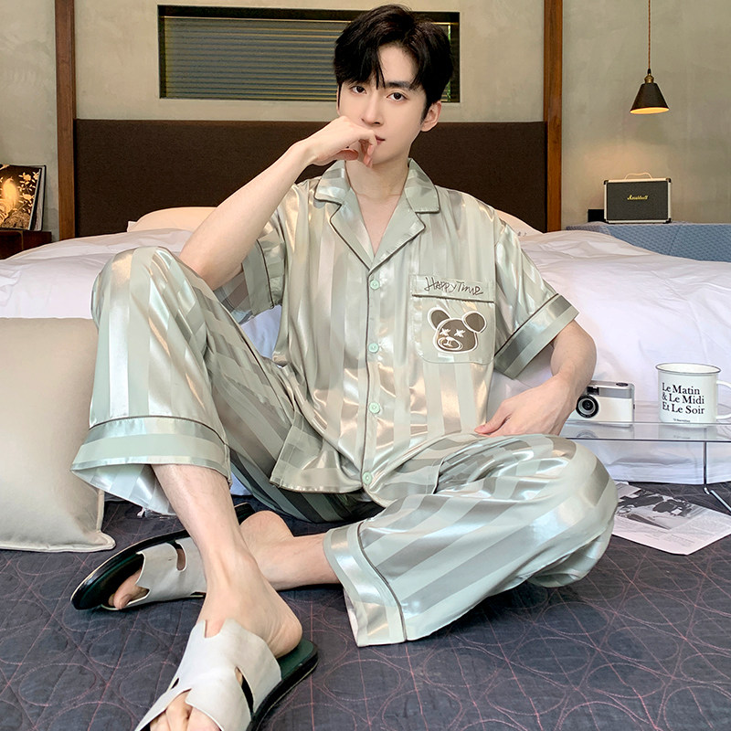 睡衣男夏季冰丝短袖长裤薄款凉爽男士可外穿2023年轻奢家居服套装