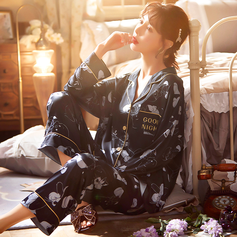 冰丝睡衣女春秋简约休闲