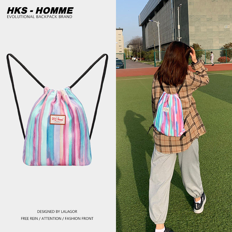 可爱抽绳双肩包女帆布健身爬山徒步束口袋运动沙滩小背包迷你百搭