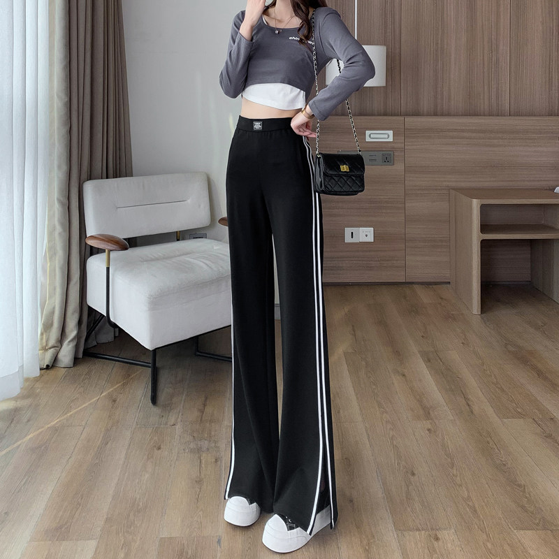 侧条纹开叉阔腿裤女2022新款夏季高腰垂感直筒裤微喇薄款休闲裤子