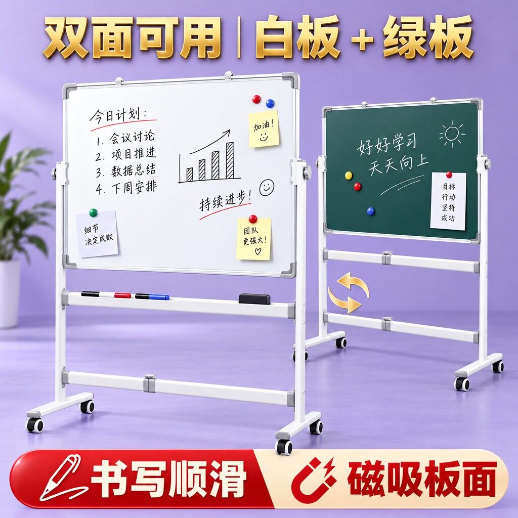 白板写字板可移动支架式办公会议家用教学翻转升降磁吸小白板面板可擦写暗格记事板儿童涂鸦带滚轮画板