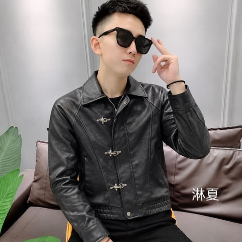 翻领PU皮夹克男轻奢潮牌修身拉链机车工装外套痞帅百搭飞机扣褂子