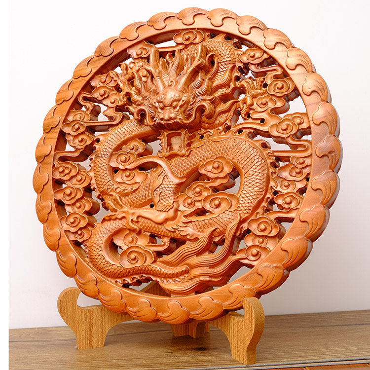 肥城桃木神龙吸水八卦镜挂件摆件木雕龙凤呈祥