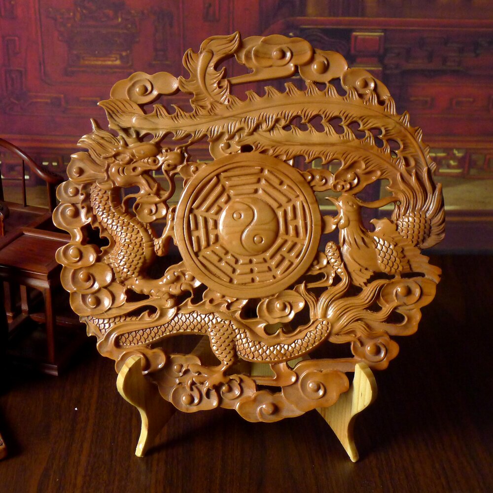 肥城桃木龙凤呈祥龙凤八卦镜无边框款挂件摆件木雕饰品卧室新婚