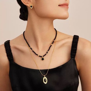 HUIXIANG系列秋冬黑色项链 高级感轻奢小众椭圆长款可调节锁骨链