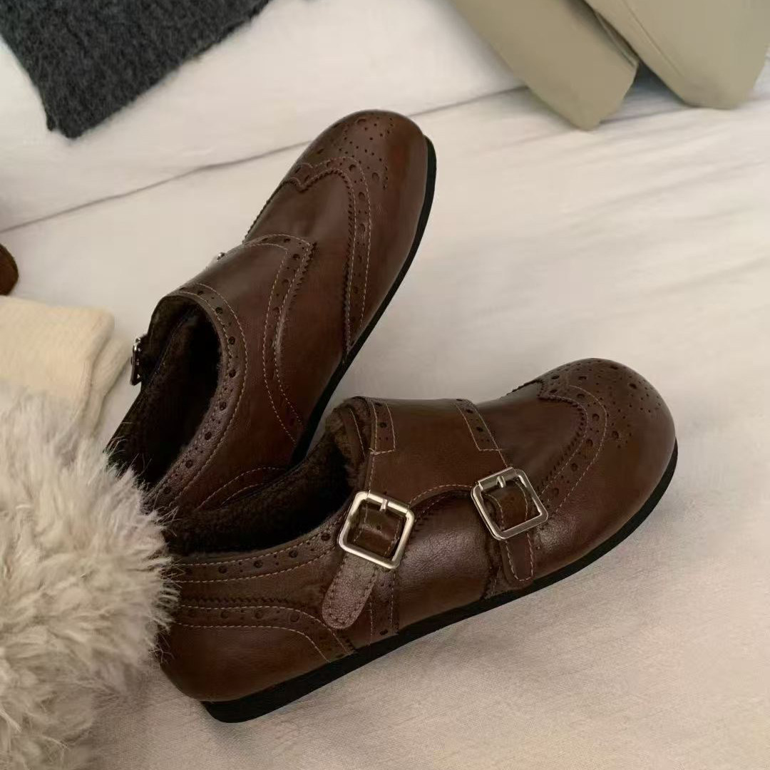 加绒单鞋女冬季保暖小皮鞋