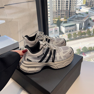 老爹鞋女厚底真皮三条杠百搭仙女2025新款舒适增高运动休闲跑步鞋