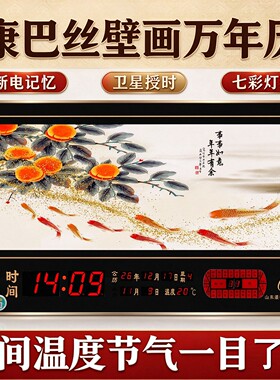 27年康巴丝新款万年历电子钟装饰画大数码时钟家用挂墙客厅钟表