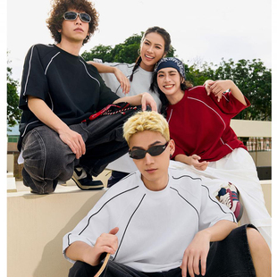 重磅全棉撞色唧边潮牌落肩圆领T恤广告文化衫印字绣字