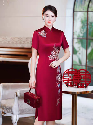 高档显瘦喜妈妈婚宴礼服结婚喜婆婆2025年新款高贵年轻旗袍酒红