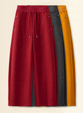 闪星弯刀休闲裤女春季新款宽松高腰显瘦红色运动卫裤松紧腰阔腿裤