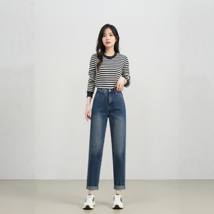 宽松休闲弹力遮肉老爹裤 新款 子 女2025年秋季 复古高腰哈伦牛仔裤