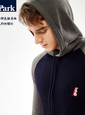 连帽针织衫春秋运动透气美式休闲男修身弹力插肩袖拼色套头薄毛衣