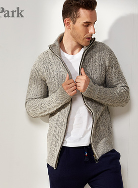 半高领拉链毛衣保暖美式休闲男复古厚羊毛外套原创绞花粗针织开衫