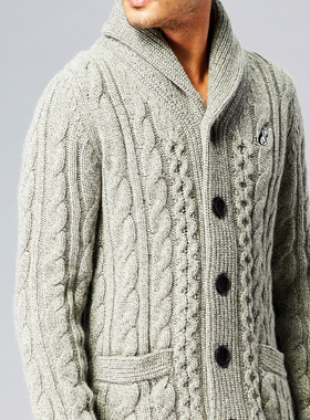 青果领毛衣粗棒针织麻花原创复古厚羊仔毛男大码修身开衫休闲外套