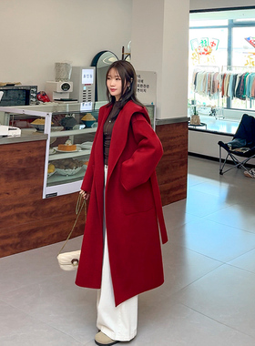 红色羊毛大衣连帽双面毛呢外套女2025新款高级感宽松呢子大码女装
