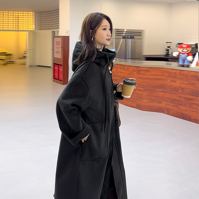 深灰色韩版宽松连帽呢子外套女2025秋冬新款毛呢大衣长款大码女装