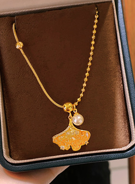 2025金色满钻花瓣珍珠吊坠项链女轻奢小众毛衣链高级感气质配饰品