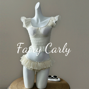 新款法式绝美超仙分体泳衣女性感辣妹杏色裙泡温泉海边度假比基尼