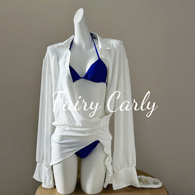 纯欲性感克莱因蓝比基尼显白绑带分体衬衫辣妹沙滩度假泳衣女温泉