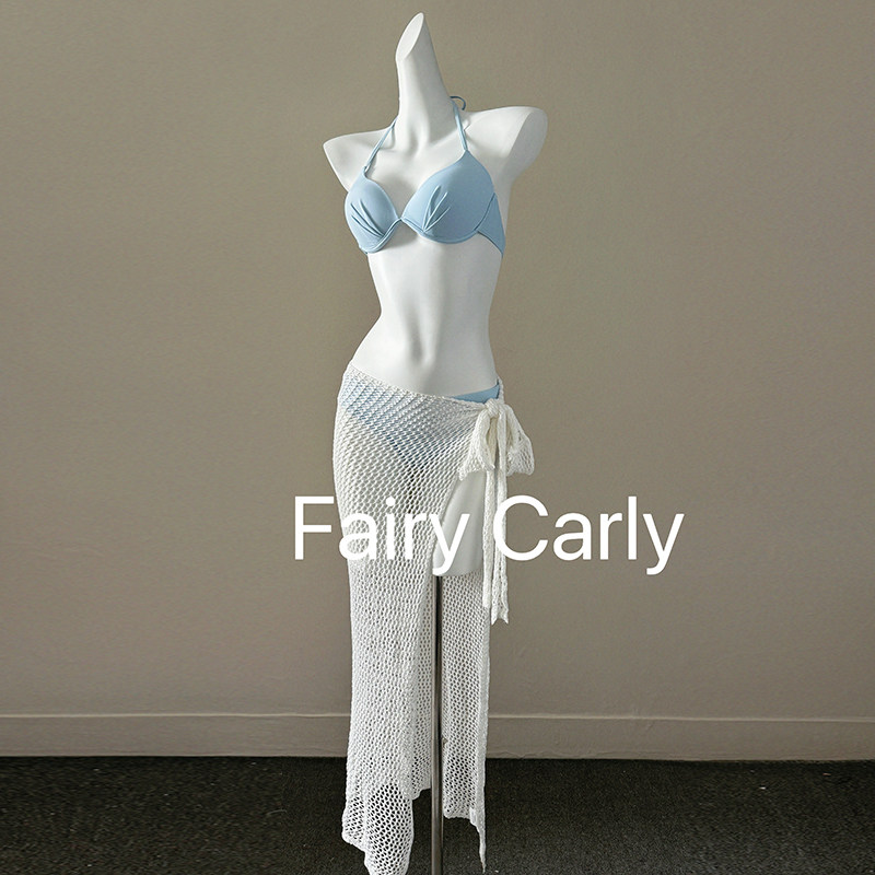 2025新款显白蓝色比基尼三件套针织长裙泡温泉性感显瘦分体泳衣女,运动/瑜伽/健身/球迷用品,比基尼,淘宝优惠券,粉丝福利购,淘宝优惠卷