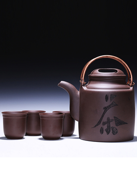 宜兴紫砂壶大圆筒铜包梁大茶壶大容量茶具家用大草药茶壶