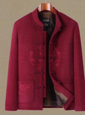 w71中老年唐装男50岁60爸爸老年人加绒加厚父亲a98外套雪尼尔冬装