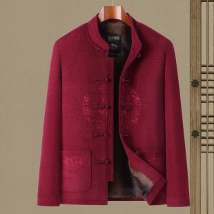 w77中老年唐装 男50岁60爸爸老年人加绒加厚父亲a98外套雪尼尔冬装