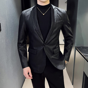 外套薄春秋装 w77春季 皮装 西装 男休闲a99小西服PU显瘦上衣 帅气修身