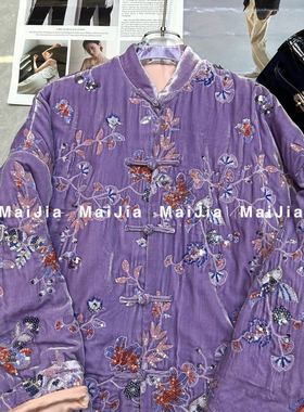 LC韵味紫色真丝丝绒重工新中式短外套J233