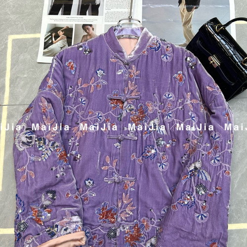 LC韵味紫色真丝丝绒重工新中式短外套J233