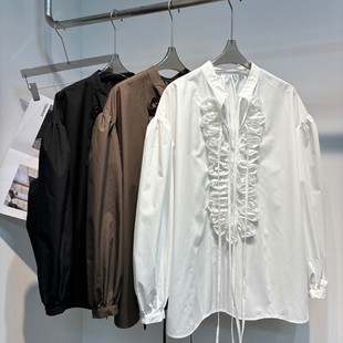 G322 YS279 LC时髦褶皱木耳花边拼接法式 领宽松廓形系带小衫