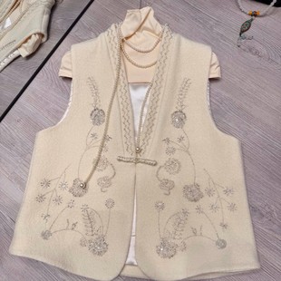 风格 YS75 奶白色重工钉珠无袖 含100羊毛 G20 马甲 LC中式