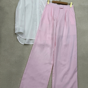 两件套套装 休闲裤 低饱和粉色阔腿裤 A9939 麻白色衬衣