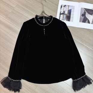 G322 YS275 LC手工订珠拼真丝欧根纱蕾丝喇叭袖 后背飘带小衫
