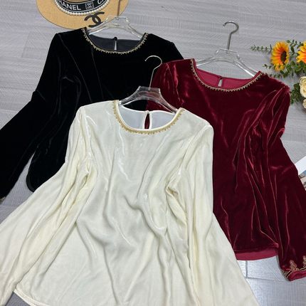 LC艺钉珠设计简约不失高级单穿内搭真丝丝绒小衫YS101-G208