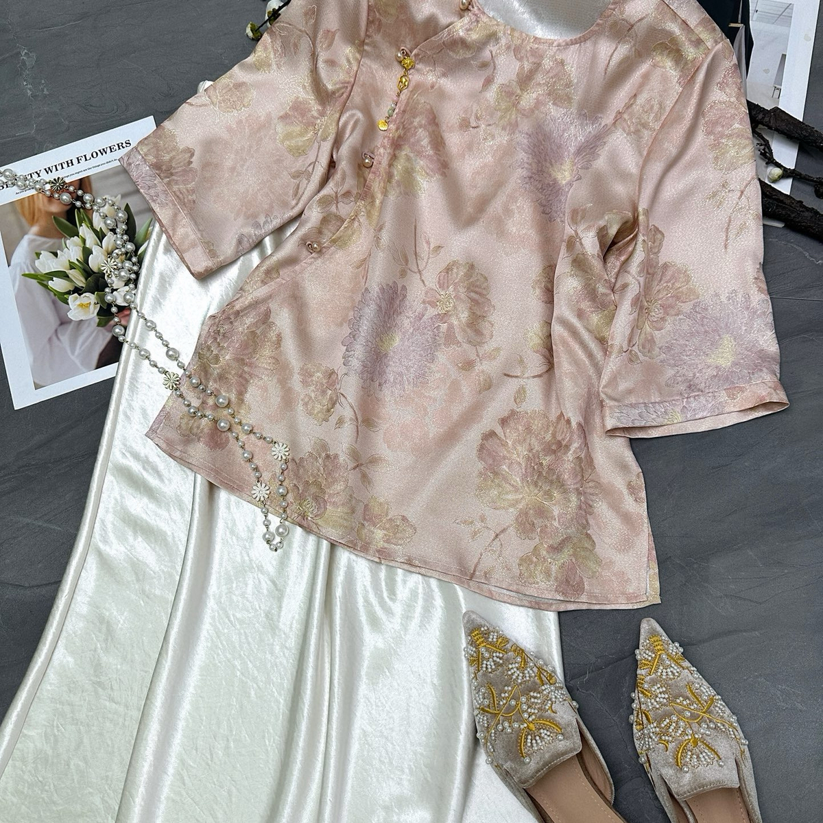LC夏上新新中式真丝花萝点印上衣小衫(配挂饰)YS1-t0129
