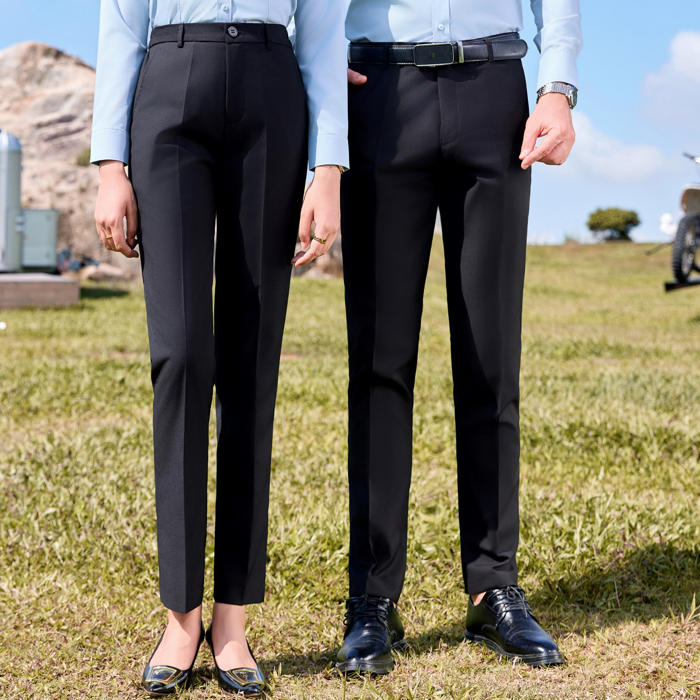 春秋西装裤男女款无弹高腰直筒长裤子黑色藏青宝蓝色工作服正装裤