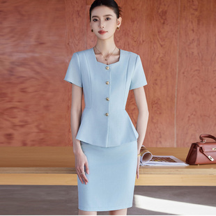 2025春夏新品短袖职业西装套裙女浅蓝色高端医美奢侈品店员工作服