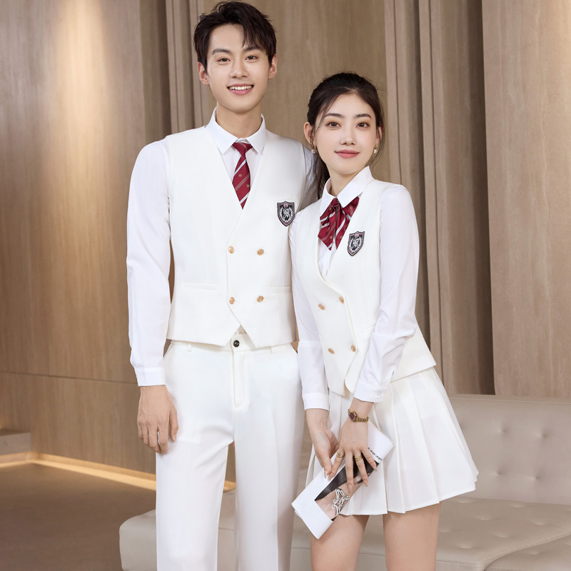 双排扣男女白色马甲衬衣百褶裙套装大学生制服辩论赛合唱团演出服