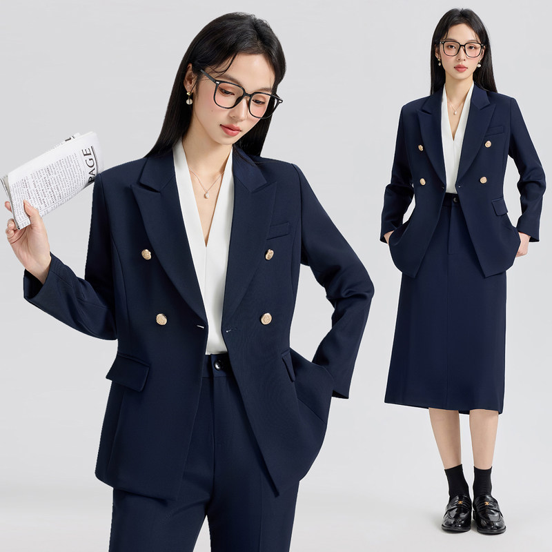 学院风长袖英伦双排扣西装套装女职业西服短裙衬衫三件套面试正装