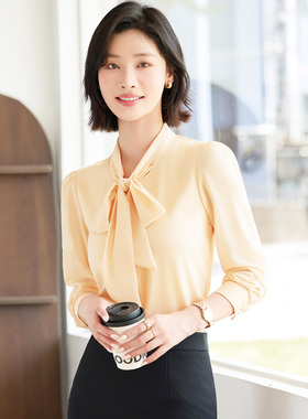 秋装新品气质飘带蝴蝶结长袖衬衫女湖蓝杏黄色垂顺通勤职业白衬衣